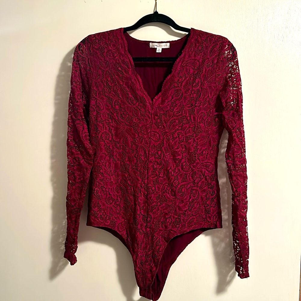 Merlot V-neck, long sleeve lace bodysuit